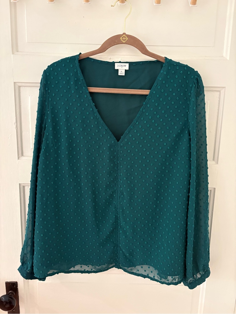 J. Crew Teal V-Neck Swiss Dot Blouse